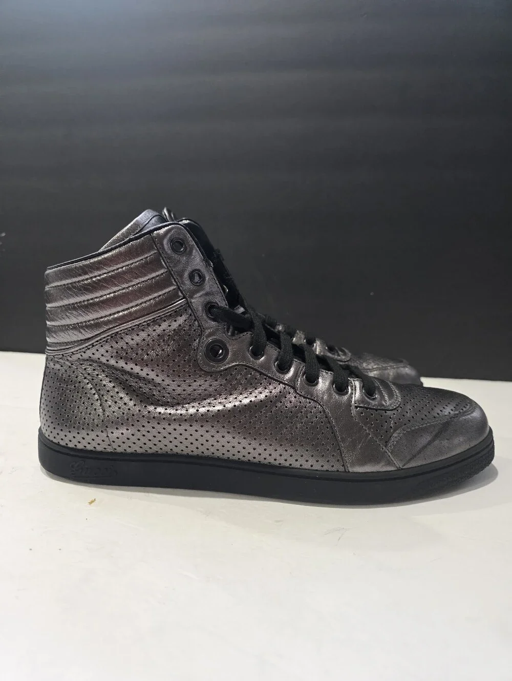 Gucci Men's Anthracite Metallic Perforated Nappa High-Top Sneakers Size 10 G / U